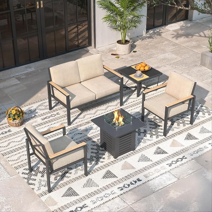 5-Piece Patio Furniture Set with Fire Pit Table & Coffee Table & Removable Washable Cushions, All-Weather Metal Frame and Wood-Like Armrests for Porch, Garden, Balcony,Beige