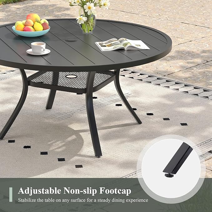 7 Pieces Outdoor Dining Set, 47.2" Round Table with Umbrella Hole & Stackable Patio Dining Chairs, Patio Table and Chairs Set for Deck Garden Porch, Black Chairs & Black Table