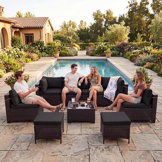 CHABATREE 7-Piece Outdoor Patio Furniture Sets, Manual Weaving Rattan Conversation Sectional Sofa with Tempered Glass Coffee Table, All-Weather PE Wicker & Thick Cushions for Garden, Backyard, Porch