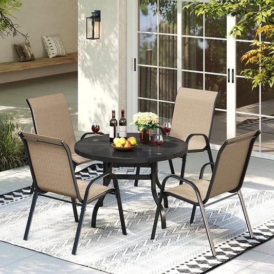 Amopatio 5 Pieces Patio Dining Set for 4, Outdoor Table and Chairs, 4 All Weather Stackable Patio Chairs, 39" Patio Spliced Round Table with Umbrella Hole, for Deck, Backyard, Garden,Brown