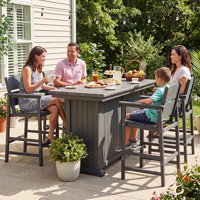 2 Pack Outdoor Bar Stools, HDPE Patio Bar Chairs with Armrests & Footrest, Weather Resistant All-Weather Counter Height Chairs for Outdoor Deck, Backyard, Poolside,Grey