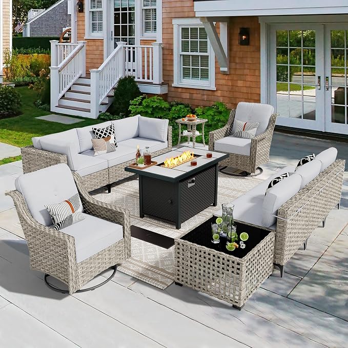 CAODOC 11 Pieces Outdoor Patio Furniture Set, Rattan Wicker Sectional Swivel Rocker Chairs Sets with Fire Pit, Swivel Glider Chairs, and Solar Powered Table