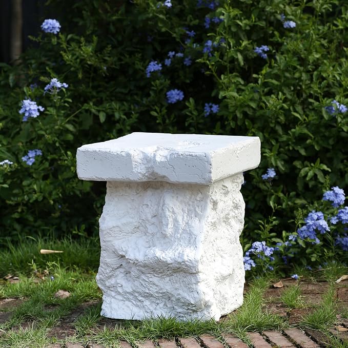 White MGO Patio Side Table, Organic Rock Base