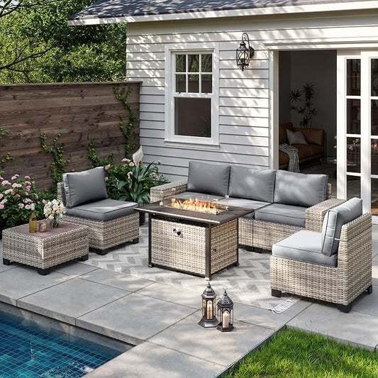 7-Piece Outdoor Patio Furniture Set with 55,000 BTU Fire Pit Table, PE Wicker Rattan Sectional Sofa Patio Conversation Set with Thickened Cushions & Coffee Table, Grey