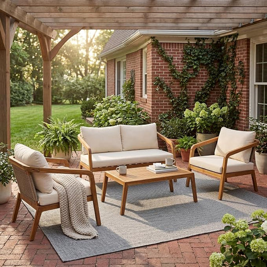 Merax 4-Piece Outdoor Patio Furniture Set, Acacia Wood Conversation Set with PE Wicker Backrest & Comfort Cushions for Backyard, Garden & Poolside