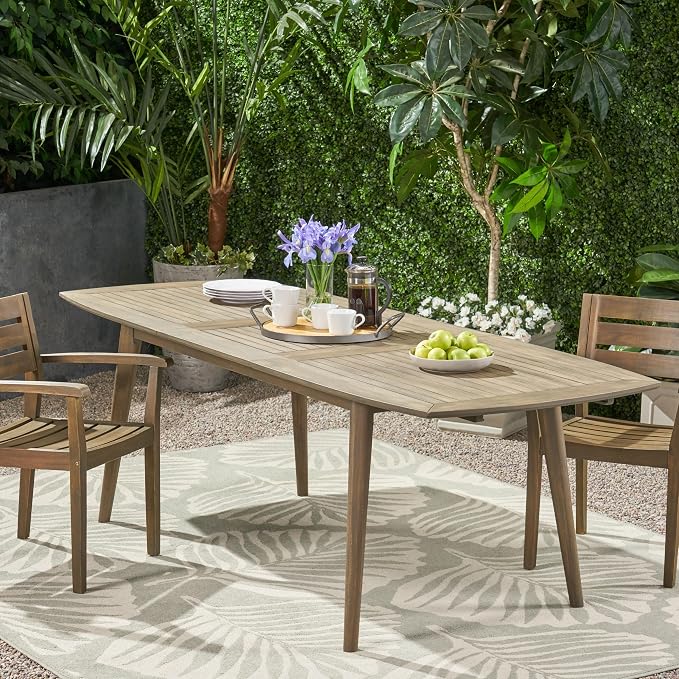 IRONORA Grey Wash Acacia Wood Extendable Patio Dining Table, 94.5 Inch Rectangular Slatted Top Outdoor Farmhouse Table for 6-8 People, Weathered Wooden Table for Backyard Balcony