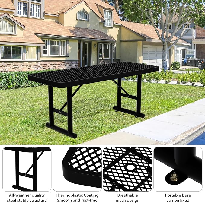 4FT Picnic Tables for Outdoors, Black Rectangular Heavy Duty Commercial Picnic Table with Umbrella Hole, Weather-Resistant Camping Table Dining Table for Backyard, Patio, Garden, Shops, Parks