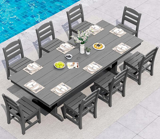 SERWALL 9 Piece Outdoor Dining Set, 84" HDPE Outdoor Table and Armless Chairs Set for 8，All Weather Patio Furniture Set with Umbrella Hole for Backyard, Garden, Gray