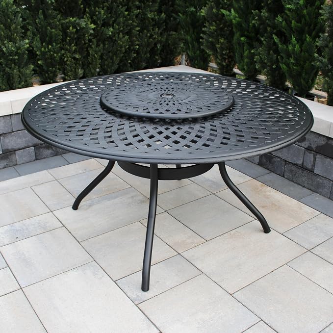 Oakland Living Contemporary Modern Outdoor Mesh Aluminum 59-in Large Black Round Patio Dining Table with Lazy Susan