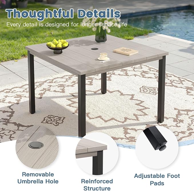 DIFY 40.2" Square Outdoor Dining Table for 4, Slatted Metal Patio Table with Adjustable Umbrella Hole, All-Weather Patio Dining Table for Garden Backyard Deck, Grey Wood-Like Tabletop