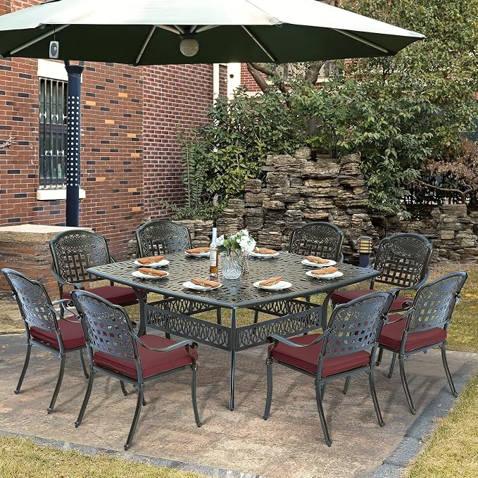 9-Piece Patio Cast Aluminum Dining Set, Outdoor Table and Chairs Set for 8, Includes 64" Large Square Dining Table and 8 Cushioned Chairs with Umbrella Hole for Backyard Lawn Garden, Red