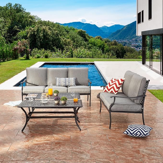 4 Pieces Patio Conversation Set 5 Seat Outdoor Furniture Sofa Chairs Patio Furniture Seating Sets with Cushion and Cofffee Table (Gray)