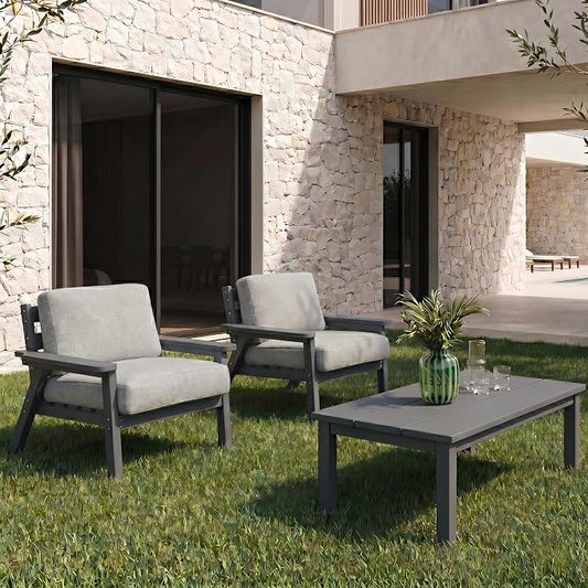 AreShark 3-Piece HDPE Patio Conversation Set, All Weather Outdoor Couch Set with Thick Cushions, Outdoor Sectional Outdoor Sofa Set for Lawn, Deck, Backyard, Grey & Grey