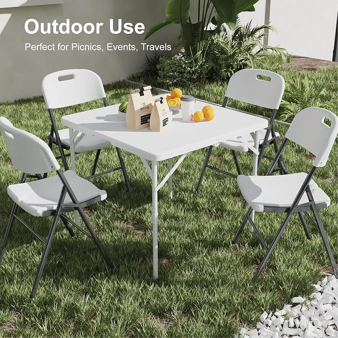 34" Folding Table, Portable Square Folding Card Table, Picnic Tables with Collapsible Legs & Carrying Handle (White, 2 Pack)