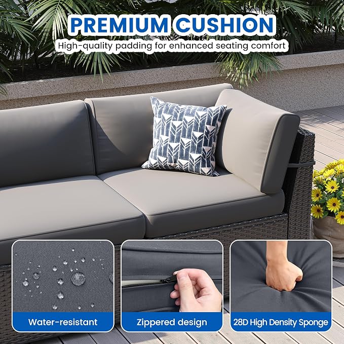 8 Piece Patio Furniture Set with 44” Fire Pit Table All-Weather Wicker Conversation Sectional Sofa & Coffee Table with Thickened Cushions for Backyard, Garden(Grey)