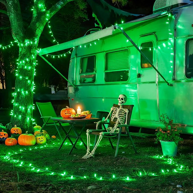 JMEXSUSS Connectable 100 LED Green Halloween Lights 8 Modes Grinch Lights | Plug-in Green Christmas Lights Indoor, 33ft Clear Wire Grinch Green String Lights Outdoor for Grinch Christmas Tree Decor