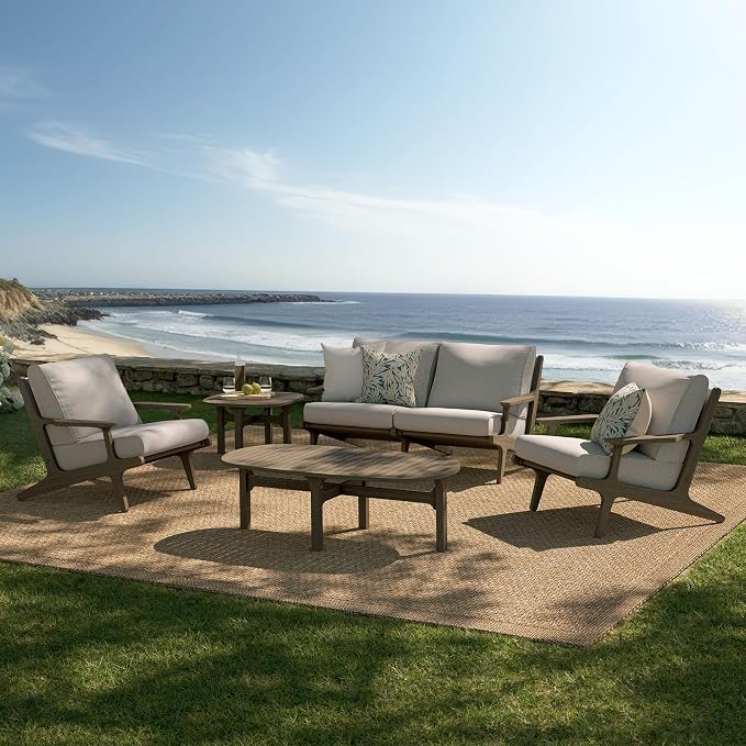 Modway Saratoga 5-Piece Teak Wood Outdoor Furniture Set in Weathered Gray Pebble - Patio Conversation Set with Loveseat, 2 Armchairs, Side Table and Coffee Table