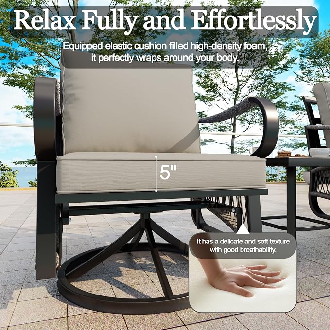3 Pieces Outdoor Furniture Set, Metal 360° Swivel Rocking Chairs Bistro Sets, Patio Conversation Set with Side Table for Deck, Porch, Garden, Backyard, Poolside (Beige Cushions)