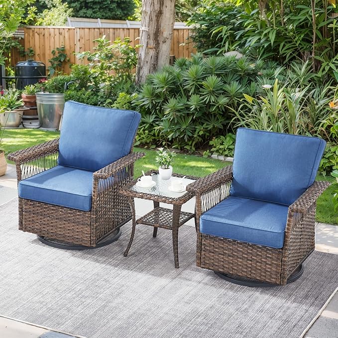Patio Furniture Set with Fire Pit Table, 7PCS Patio Conversation Set Brown Resin Wicker Swivel Patio Chair Sofa Ottoman Set with Side Table and Fire Table PE Rattan Furniture Set