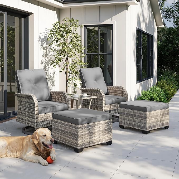 5-Piece Small Patio Furniture Set, Outdoor Swivel Rocking Chairs Set with Ottomans, Patio Bistro Set for Balcony, Deck, Porch, Grey