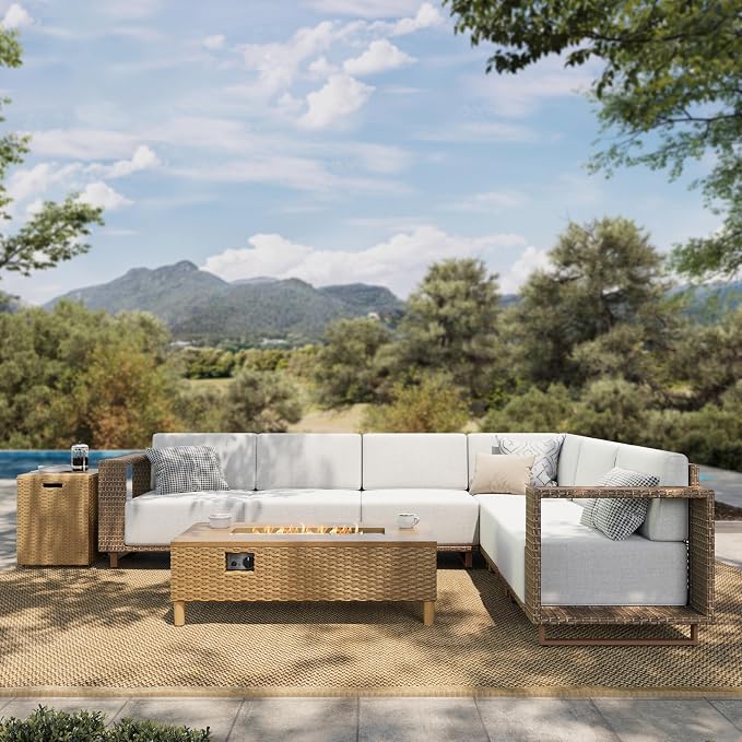 HERA'S HOUSE Sectional Patio Furniture Set with Firepit, Outdoor Modular Sofa Set with 10" Thick Cushion, Low Profile All Weather Yellow Rattan Conversation Sets for Deck Yard Lawn