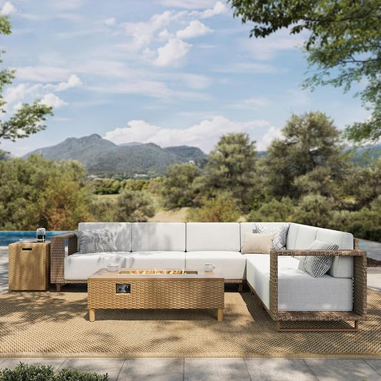 HERA'S HOUSE Sectional Patio Furniture Set with Firepit, Outdoor Modular Sofa Set with 10" Thick Cushion, Low Profile All Weather Yellow Rattan Conversation Sets for Deck Yard Lawn