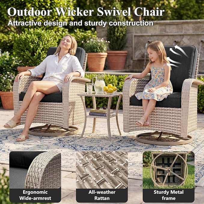 Patio Furniture Set, 10-Piece Outdoor Sectional Sofa with Swivel Rocker Chairs & 2-Layer Glass Coffee Table, Wicker Patio Conversation Set with Black Cushions