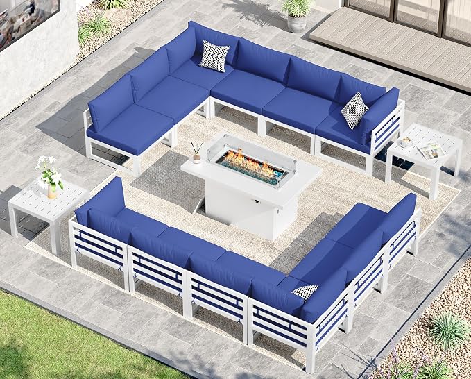 NICESOUL 15 Piece XL Aluminum Patio Sectional Furniture Set with Fire Pit & Side Table, 500 lbs Heavy Duty Outdoor Sofa, 29" Extra Deep Seating, High End Conversation Couch for Poolside, Navy Blue