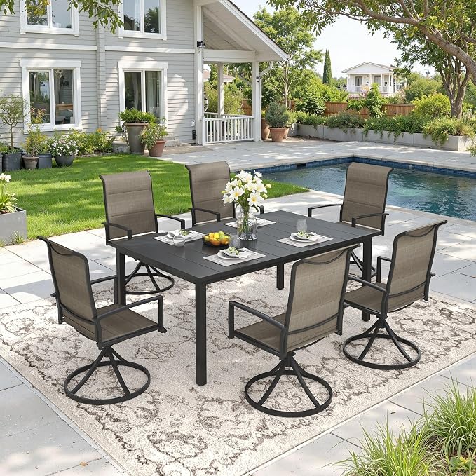 DIFY 7 Piece Outdoor Patio Dining Set for 6, 63" Black Rectangle Metal Dining Table and Swivel Patio Chairs with Brown Padded Textilene, All-Weather Outdoor Furniture Set for Garden Backyard Porch