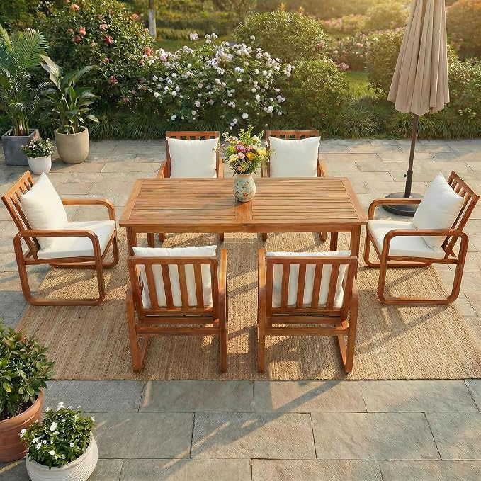 RUNNA 7 Pieces Outdoor Patio Dining Table Set with Removable Cushions, Modern Armrests and Spacious Table, Outdoor Furniture Set for Backyard, Garden Entertaining (Beige-A7)