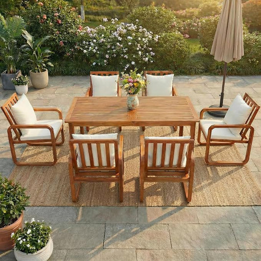 RUNNA 7 Pieces Outdoor Patio Dining Table Set with Removable Cushions, Modern Armrests and Spacious Table, Outdoor Furniture Set for Backyard, Garden Entertaining (Beige-A7)