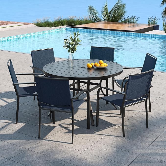 Anmutig 7-Piece Outdoor Dining Set, 48'' Round Table with 6 Stackable Chairs All Weather Furniture Set - Navy