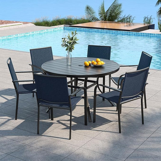 Anmutig 7-Piece Outdoor Dining Set, 48'' Round Table with 6 Stackable Chairs All Weather Furniture Set - Navy