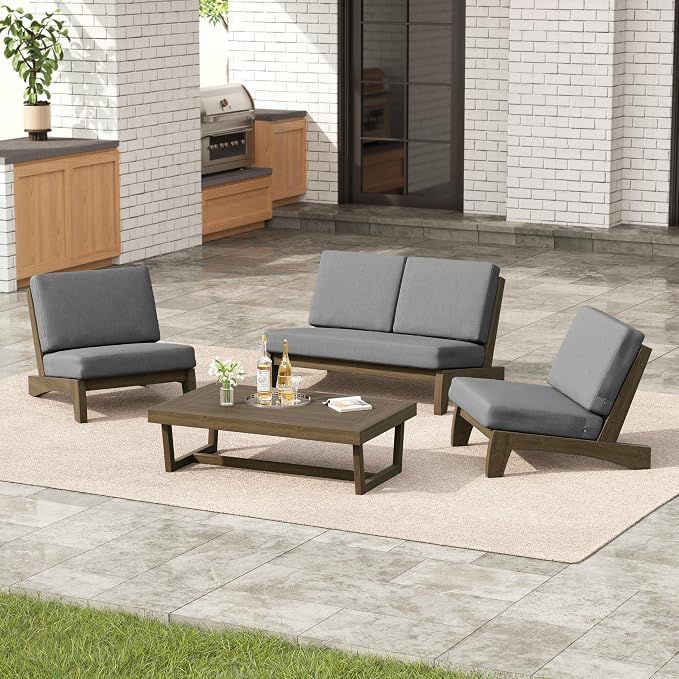 4 Pieces Patio Furniture Sets, All-Weather Outdoor Wood Bistro Set Patio Conversation Coffee Table Chiars and Patio Loveseat for Balcony, Backyard