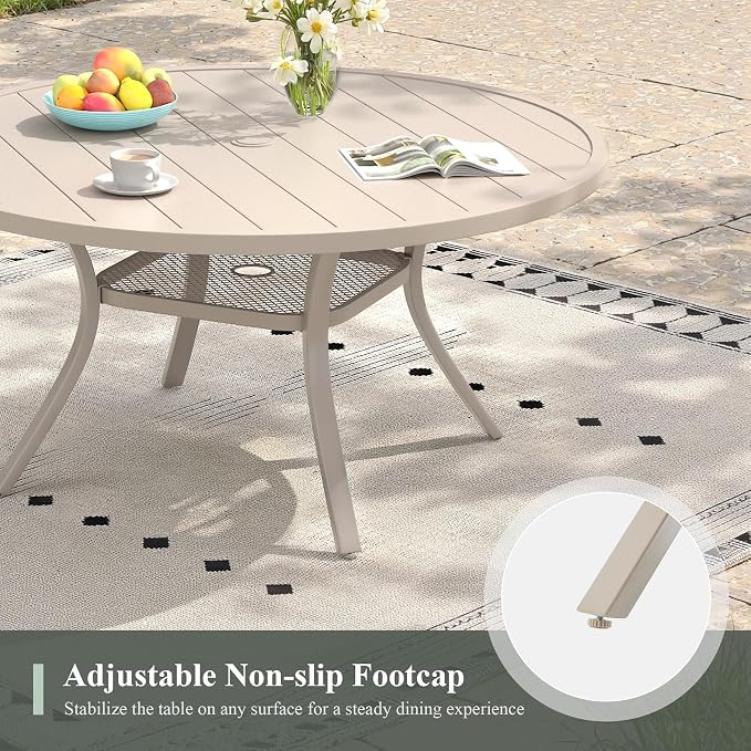 47.2" Patio Dining Table for 6, Round Outdoor Metal Dining Table with Umbrella Hole for Lawn Garden Backyard, Sandshell