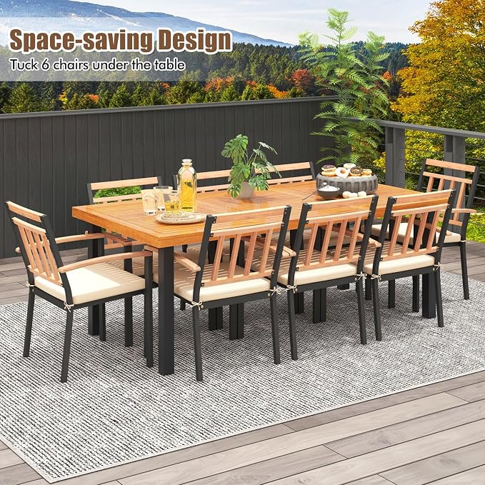 Tangkula 9 Pieces Patio Dining Set, Outdoor Acacia Wood Table and Chairs with Soft Cushions and 1.9” Umbrella Hole, Outdoor Patio Furniture Set for Garden, Deck and Backyard