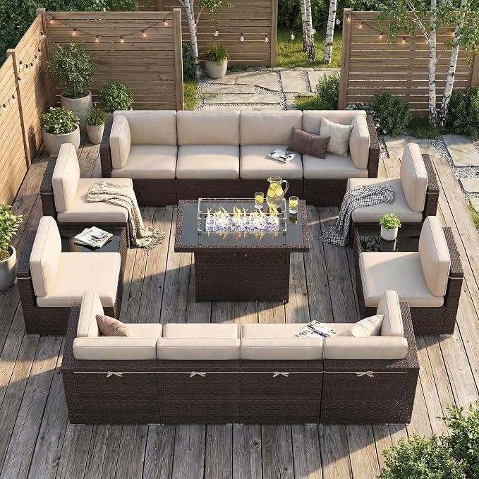 15 Pieces Patio Furniture Set with 44" Propane Gas Fire Pit Table, Outdoor Sectional Brown Rattan Wicker Conversation Sofa Sets with Coffee Table