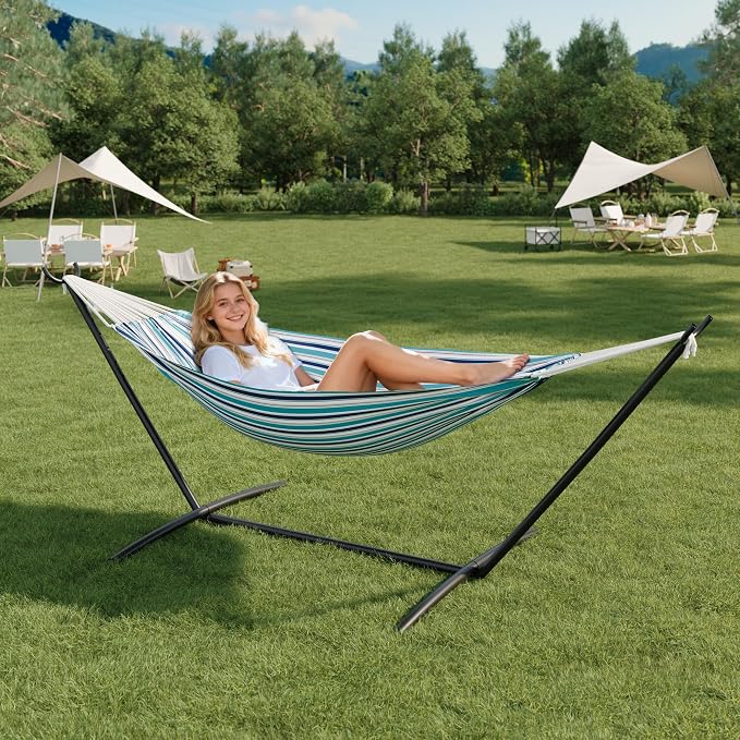Double Cotton Hammock with Steel Stand for Outside, Brazilian Style 450lbs Capacity Portable Indoor Outdoor Lounger with Carry Bag, 2-Person Capacity, Ideal for Backyard, Garden, Camping, Ocean Blue
