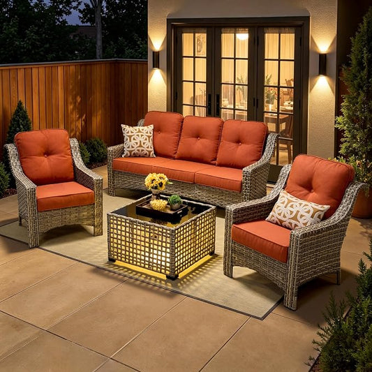 4 Piece Patio Furniture Set with Solar Light Coffee Table, Heavy Duty Wicker High Back Sofa Chairs with Thick Cushion, Small Outdoor Conversation Sets for Backyard Garden Porch, Bold Orange