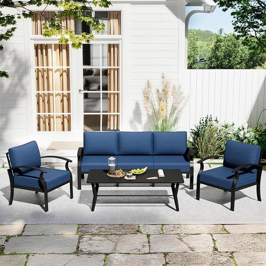 Aluminum Patio Furniture Set with Rectangular Coffee Table, 5 Seats Outdoor Patio Conversation Sets w/5.1" Cushions,Patio Conversation Sets for Garden, Backyard, Porch-Navy