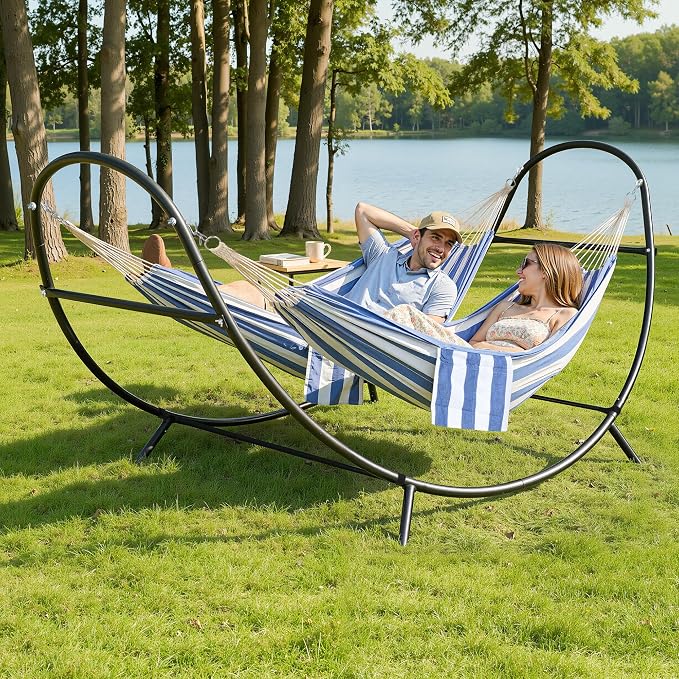 SUNCREAT Hammocks for Outside with Stand, Porch Hammock and Stand, 475 lbs Capacity, Patent Pending, Blue & White