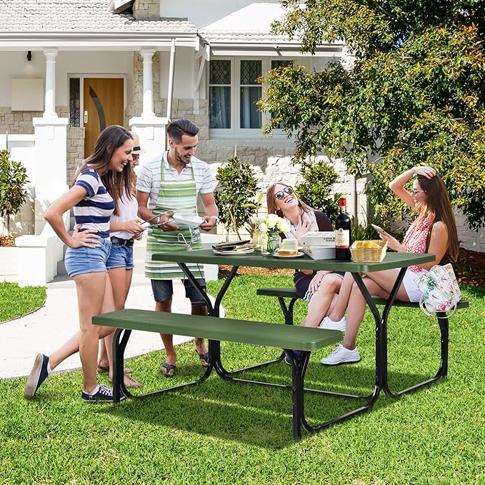 COSTWAY Outdoor Picnic Table, HDPE Plastic Picnic Table Bench Set with Weather Resistant Tabletop & Wood Texture, Ideal for Patio, Backyard (59" D x 54" W x 28.5" H,Green)