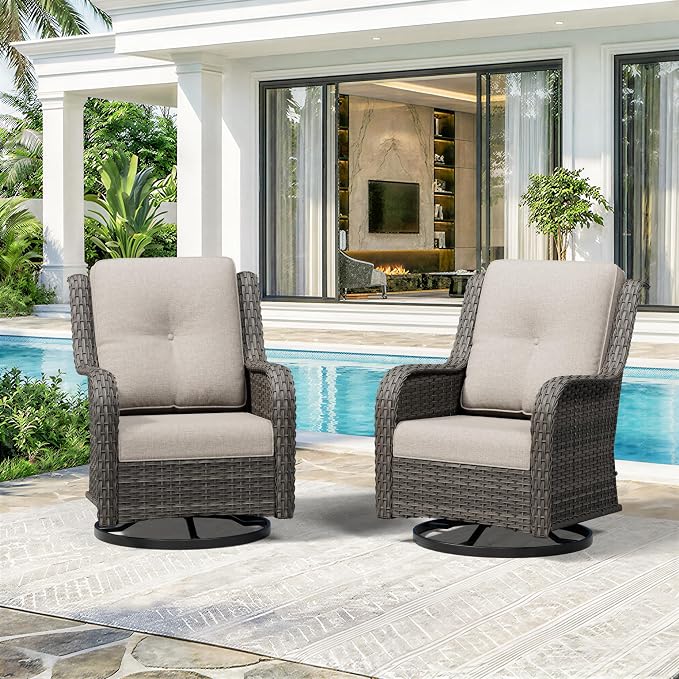 Swivel Rocker Patio Chairs Set of 2 - Outdoor Wicker Patio Furniture Set 2 Pieces with Thickened Olefin Cushions, High Back and Deep Seating, Hand-Woven PE Rattan for Porch, Deck, Beige