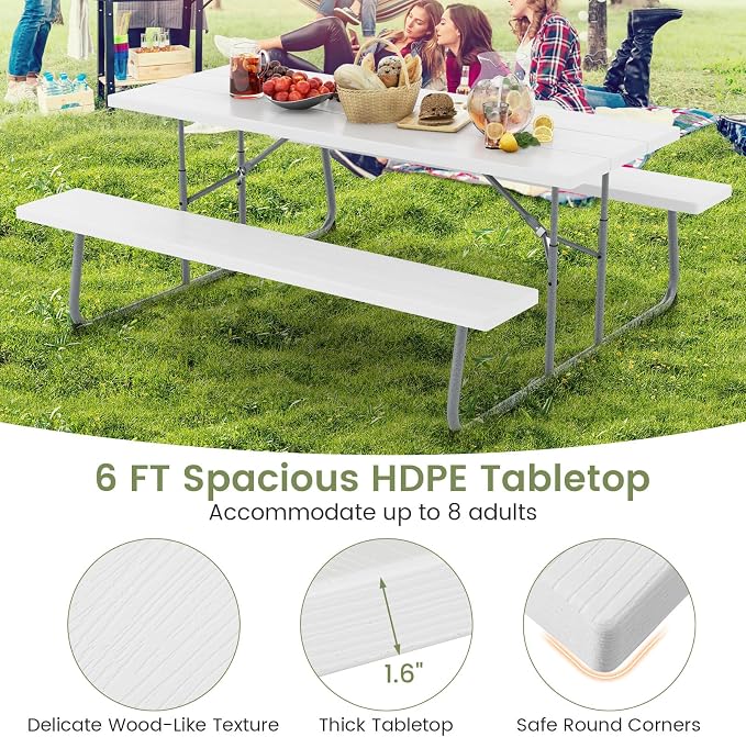 Giantex Folding Picnic Table - 6 FT Outdoor Table Bench Set for 8 Persons w/All-Weather HDPE Tabletop, Metal Leg, Umbrella Hole, Large Outside Dining Table for Patio Garden Yard Poolside (White)