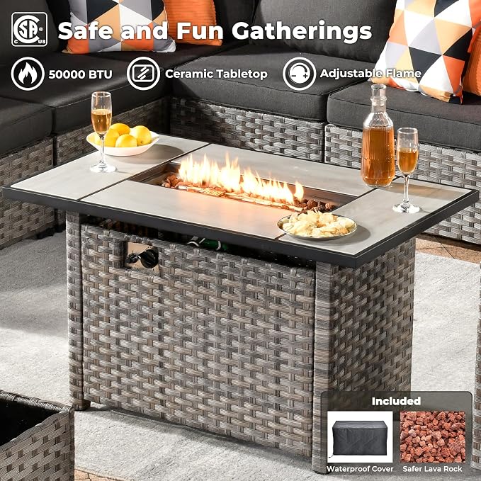 ovios 13 Pieces Patio Furniture Set, Outdoor Wicker Sectional Sofa with 42 Inch Fire Pit Table Comfy Cushions, Modern Modular Deep Seat Rattan Couch Conversation Set, Black