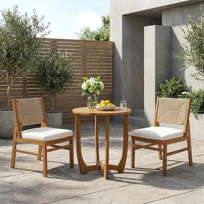 Merax Outdoor Farmhouse Acacia Wood Bistro Set of 3, Patio 27.5" Round Dining Table,2 Wicker Back Dining Chairs with Cushions for Deck, Yard, Porch, Weather Resistant, Easy Assembly, Cream+Teak