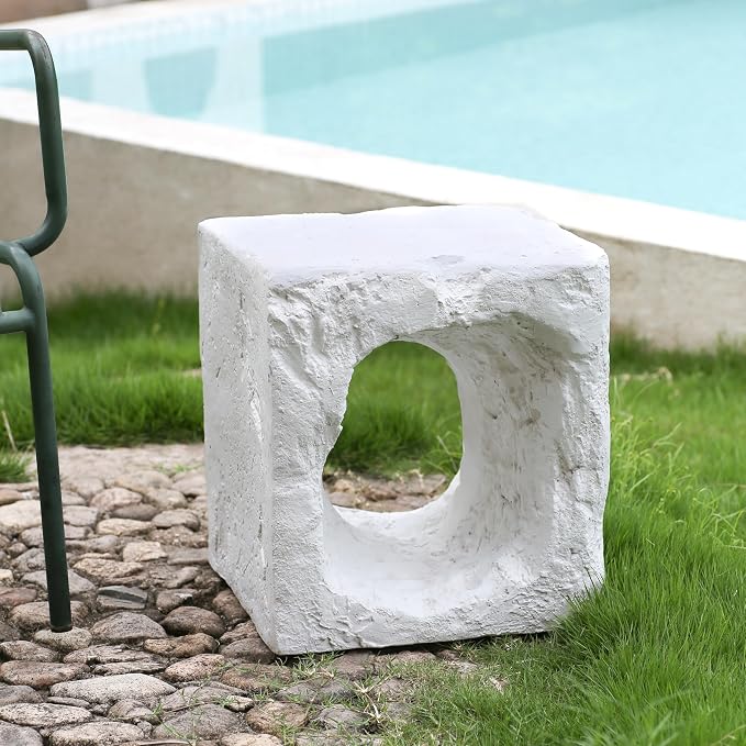 Christopher Knight Home Nataly 17.85" H Small Outdoor Side Table, Cubic Carved Garden Stool with Swirl Patterns, Lightweight Concrete End Table, Patio Decorative Home Stool for Balcony Backyard, White