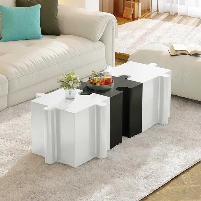 Christopher Knight Home Daton Interlocking Puzzle Outdoor Side Table, Lightweight Concrete Patio Coffee Table, Concave Edge MGO Modular End Table, Creative Set Up for Indoor&Outdoor Use, Black