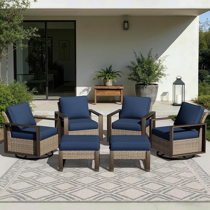 Joyside Outdoor Patio Swivel Rocker Chairs, 5 Pieces Wicker Furniture Set, 2 Swivel Rocking Chairs and 2 Ottoman, Metal Wide Armrest, Thick Cushions and Deep Seating for Garden, Backyard, Porch, Deck