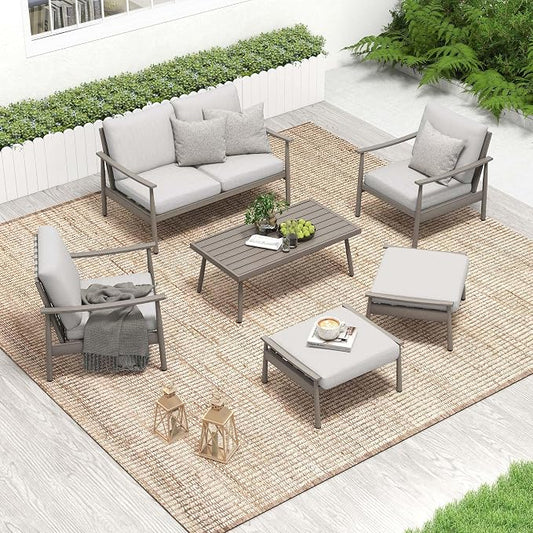 HAPPATIO Patio Outdoor Furniture Set - 6 Pieces Aluminum Outdoor Conversation Set with 1 Cushioned Loveseat, 2 Armchairs, 1 Coffee Table and 2 Ottomans for Yard, Porch, and Deck (Grey)